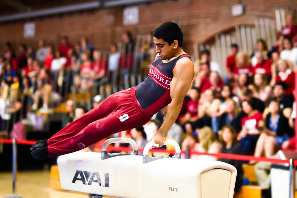 Stanford gymnast in action on the pommel horse at a college competition.