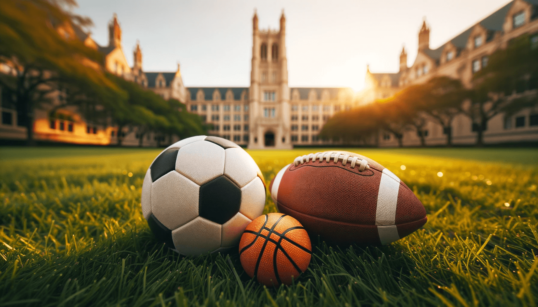 Universitätscampus in den USA im Hintergrund, mit einer grünen Rasenfläche davor. Im Vordergrund liegen drei Sportbälle: ein Basketball, Fußball und American Football, die den Fokus auf sportliche Stipendien für internationale Studierende symbolisieren.