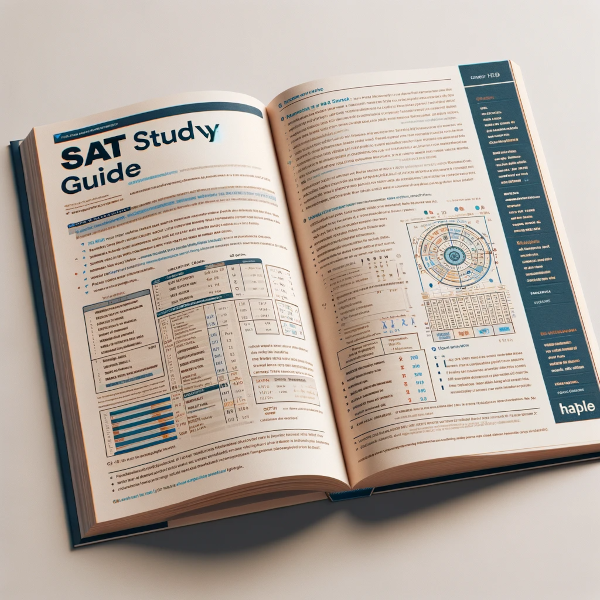 Åpnet SAT Studiehåndbok fra Sport Scholarships America, som viser sider om teststrategier og øvingsmateriell