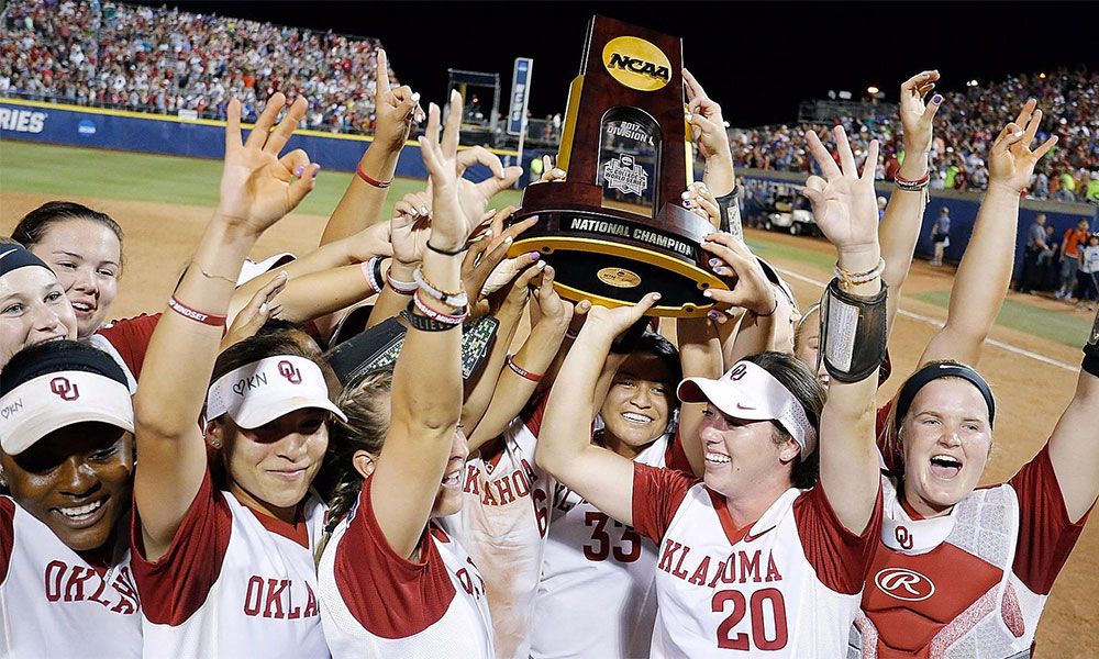 Oklahoma University softball team celebrates winning the NCAA title.