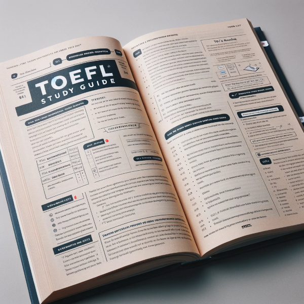 Opened TOEFL Study Guide from Sport Scholarships America, showing pages on test strategies and practice materials