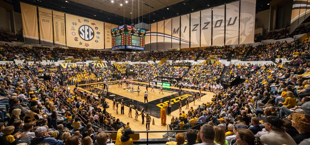 Missouri Volleyball Stadium filled with enthusiastic spectators.